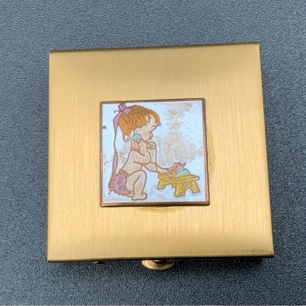 Gold Tone Vintage Pill Box W/ Little Girl In Diaper On Phone